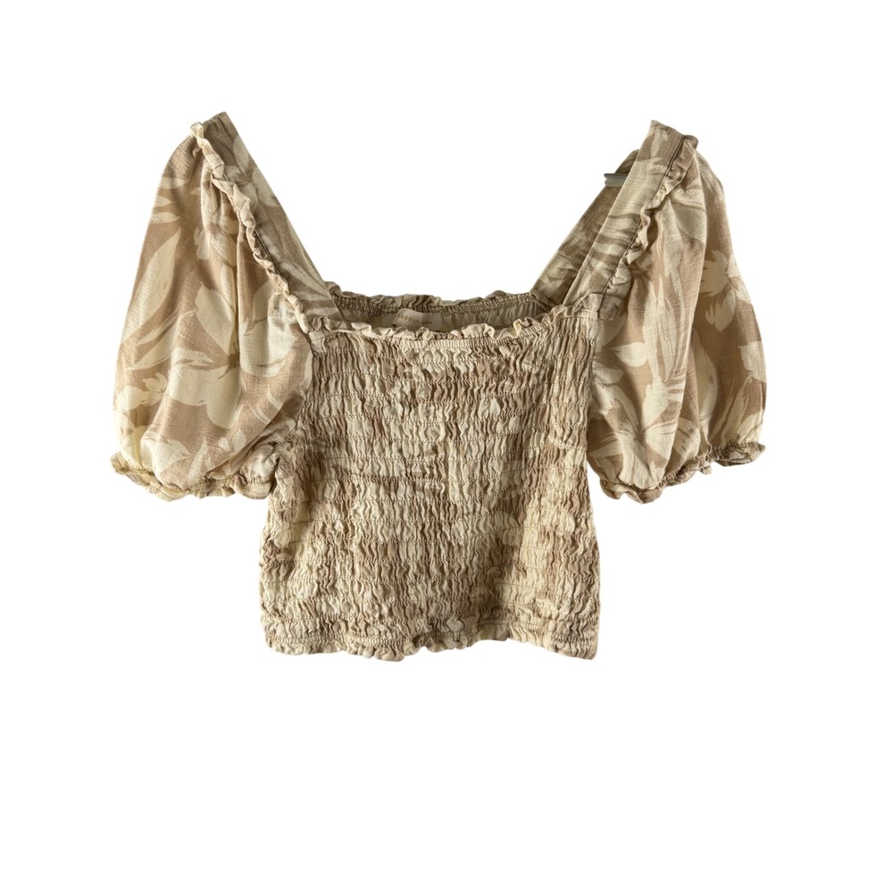 Monteau Los Angeles Floral Smocked Puff Sleeve Crop Top Tan Cream L Cottage